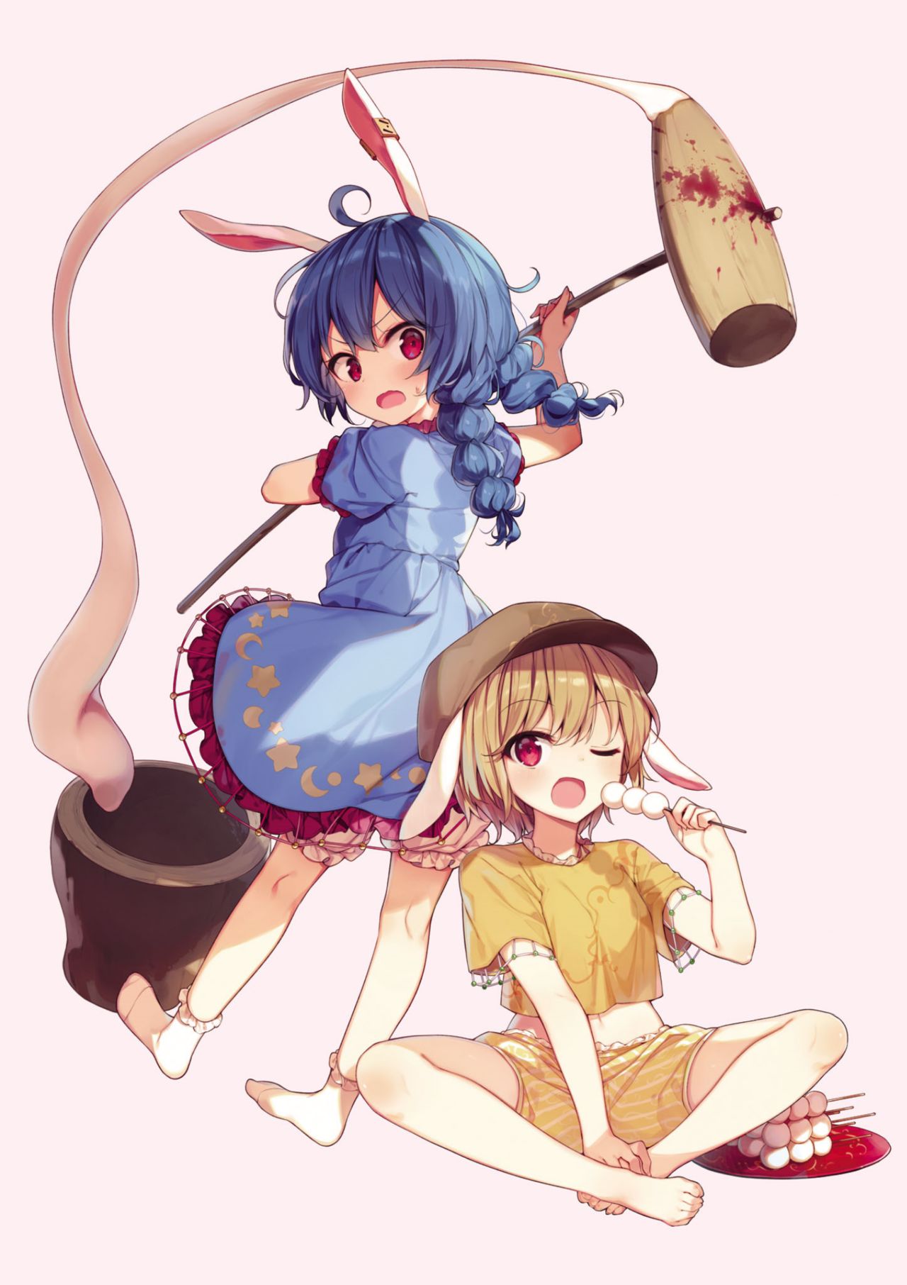 2girls ahoge animal_ears annoyed arms_up bangs barefoot blonde_hair bloomers blue_dress blue_hair blush bowl braid breasts brown_headwear crescent crescent_print dango dress eyebrows_visible_through_hair eyes_visible_through_hair flying food frills from_behind hair_between_eyes hammer hand_up hands_up hat highres looking_at_another looking_back looking_down looking_to_the_side medium_breasts medium_hair mochi multiple_girls no_shoes one_eye_closed open_mouth orange_shorts pink_background plate puffy_short_sleeves puffy_sleeves rabbit_ears red_eyes ringo_(touhou) seiran_(touhou) shirt shnva short_hair short_sleeves shorts simple_background sitting smile socks star_(symbol) star_print striped striped_shorts sweatdrop t-shirt tongue touhou twin_braids underwear wagashi weapon white_legwear yellow_shirt