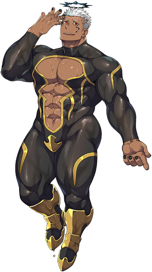1boy abs alpha_transparency bara black_nails bodysuit boots dark-skinned_male dark_skin facial_tattoo halo israfil_(housamo) liquid long_sleeves looking_at_viewer male_focus manly mature_male muscular muscular_male naop_(anything) official_art pectoral_cleavage pectorals red_eyes relaxed solo sparkle spiked_hair sweat tattoo teeth thick_thighs thighs tight tokyo_afterschool_summoners tongue transparent_background white_hair