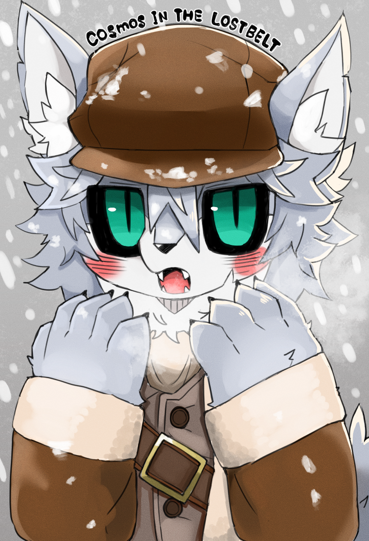 2019 anthro black_claws black_sclera blush brown_clothing brown_hat brown_headwear canid canine canis claws clothing cute_fangs dinogaize eye_glint fur grey_body grey_fur hat headgear headwear inner_ear_fluff kemono male mammal neck_tuft open_mouth pupils slit_pupils snow teal_eyes text tuft wolf