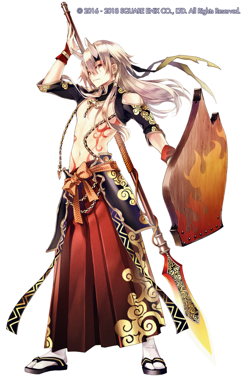 1boy body_markings broken_horn copyright grimms_notes highres horns long_hair male_focus navel official_art polearm red_eyes ribbon sandals shadow_shuten_douji shield shuri_yasuyuki simple_background socks solo spear topless_male weapon white_background white_hair