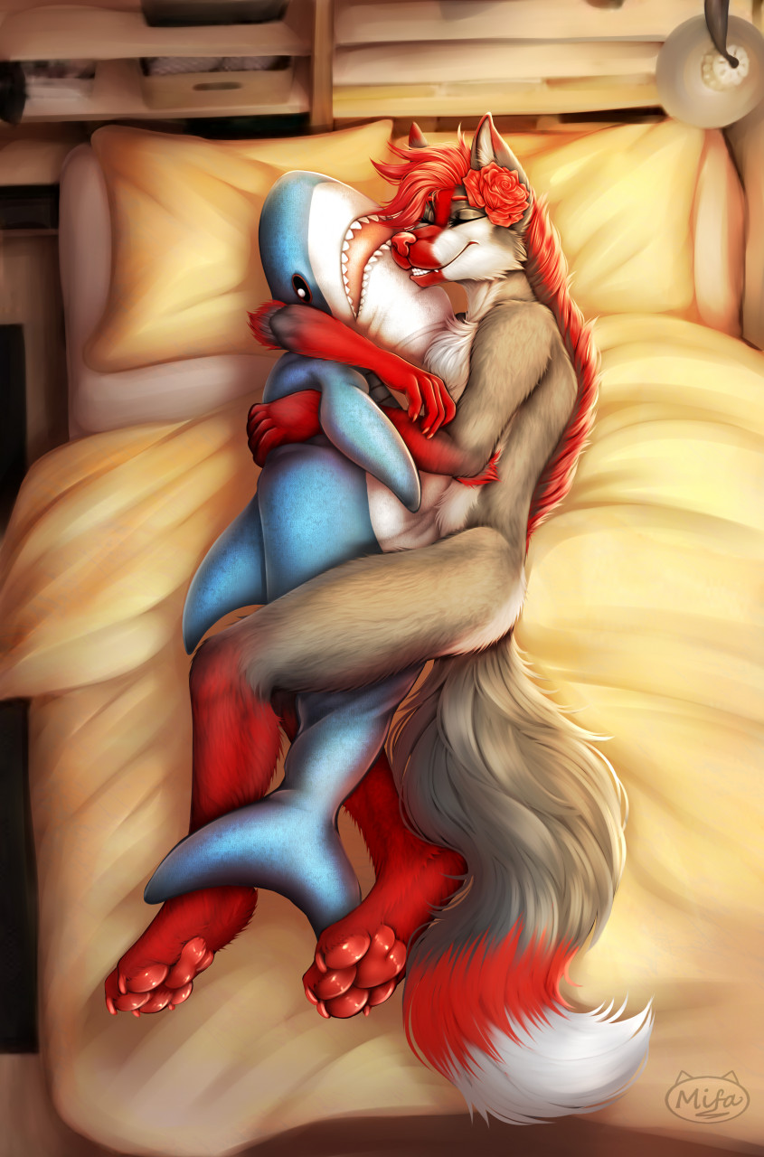 54 2022 anthro bed canid canine canis digital_media_(artwork) domestic_dog embrace fur furniture hair hi_res hug male mammal mifa nude on_bed red_body red_fur red_hair red_nose smile