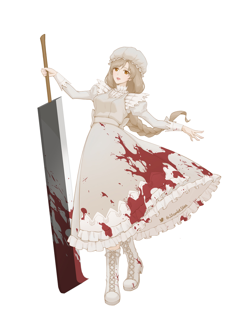 1girl bangs blood blood_on_clothes blood_on_weapon boots braid braided_ponytail breasts commentary deepseaeidolon dress eyebrows_visible_through_hair floating_hair full_body grey_dress hataraku_saibou juliet_sleeves long_dress long_hair long_sleeves looking_at_viewer macrophage_(hataraku_saibou) open_mouth outstretched_arms parted_bangs puffy_sleeves simple_background smile solo standing twitter_logo twitter_username weapon white_background white_footwear white_headwear