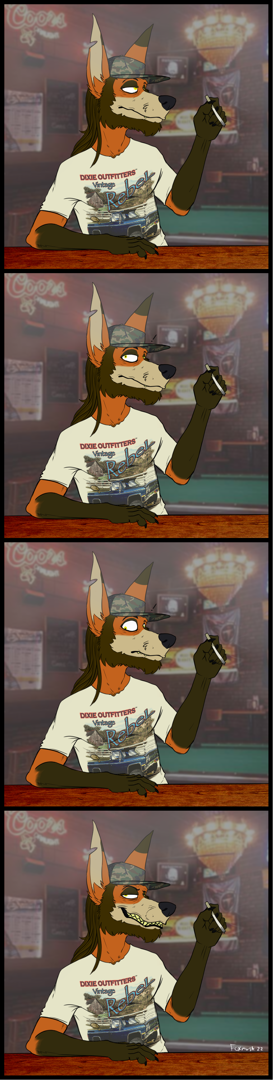 absurd_res anthro beard billiard_table canid canine cigarette clothing facial_hair fox foxmusk grin hair hat headgear headwear hi_res long_hair looking_at_viewer male mammal redneck scruffy shirt smile solo swamp_(character) topwear yellow_eyes