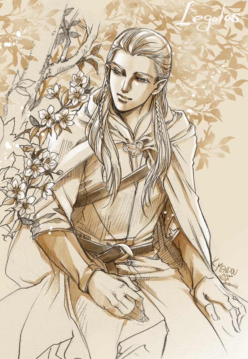 1boy belt braid cape chest_harness closed_mouth commentary english_commentary flower harness highres hood hood_down hooded_cape kazuki-mendou legolas male_focus pointy_ears robe side_braids sitting smile solo the_lord_of_the_rings tolkien's_legendarium