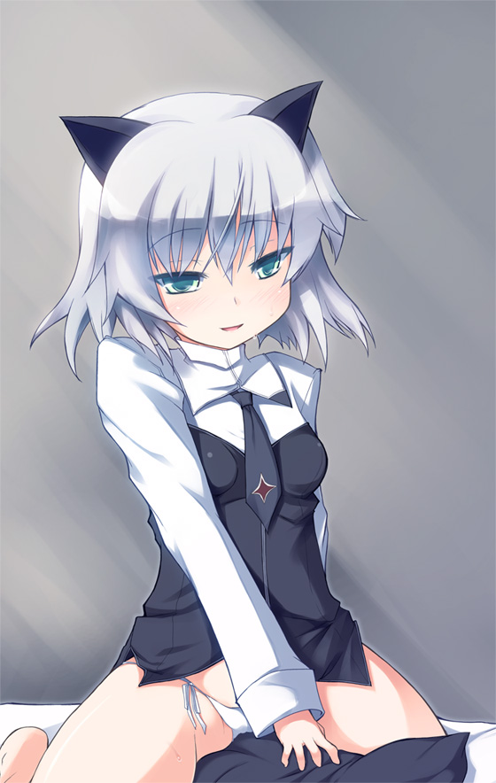 animal_ears cat_ears crotch_rub green_eyes masturbation panties pillow pillow_sex safi sanya_v_litvyak short_hair side-tie_panties silver_hair solo strike_witches underwear world_witches_series