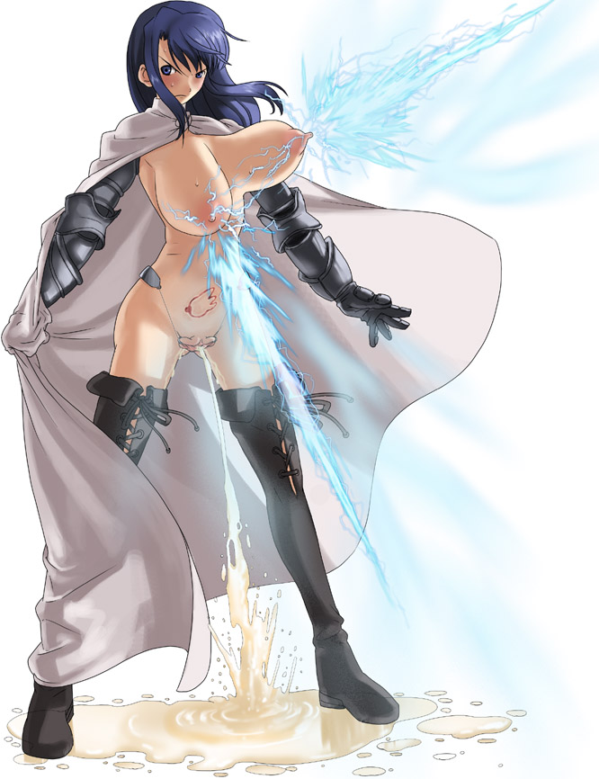 774_(nanashi) angry armor blue_eyes blue_hair blush boots breast_beam breasts cape closed_mouth cum cum_pool elbow_gloves electricity gauntlets gloves griselle_mankooppai huge_breasts naked_cape nipples nude original pee peeing pubic_tattoo puddle pussy solo spread_pussy tattoo thigh_boots thighhighs what