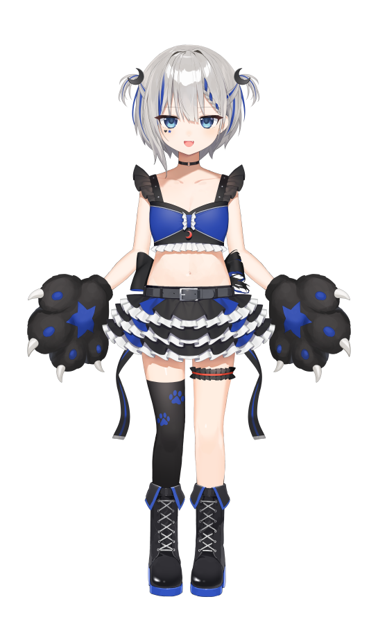 1girl :d animal_ears animal_hands asymmetrical_legwear back_bow belt belt_buckle black_belt black_bow black_choker black_footwear black_gloves black_legwear black_skirt blue_eyes blue_hair blue_skirt boots bow braid breasts buckle choker clothing_request collarbone commentary_request cross-laced_footwear eyebrows_visible_through_hair fang fang_out frilled_skirt frills full_body gloves hair_between_eyes heart_stickers hood lace-up_boots layered_skirt midriff multicolored_clothes multicolored_hair multicolored_skirt navel o-ring o-ring_choker official_alternate_costume official_art open_belt paw_gloves paw_print pleated_skirt rurine_luna short_hair silver_hair simple_background single_braid single_thighhigh skirt small_breasts smile star_sticker sticker_on_face stomach streaked_hair thighhighs toma_(norishio) torn_bow two_side_up virtual_youtuber wactor_production white_background wolf_ears wolf_hood zettai_ryouiki