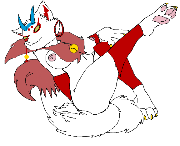 anthro breasts canid canine female fox fur ikazune_(loomian_legacy) loomian loomian_legacy mammal nipples paws pinup pose roblox solo unknown_artist white_body white_fur