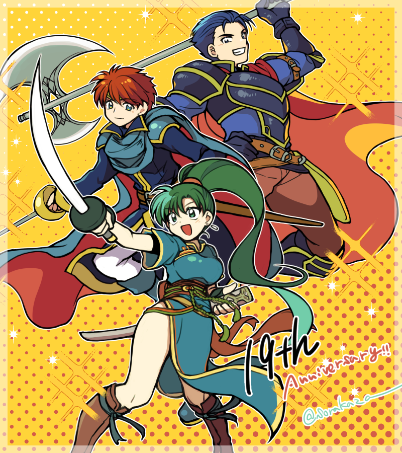 1girl 2boys anniversary axe belt blue_armor blue_cape blue_dress blue_eyes blue_hair boots cape dress eliwood_(fire_emblem) fire_emblem fire_emblem:_the_blazing_blade green_eyes green_hair grin hector_(fire_emblem) katana lyn_(fire_emblem) multiple_boys open_mouth ponytail rapier red_cape red_hair sheath smile sorakaza sword thighs weapon