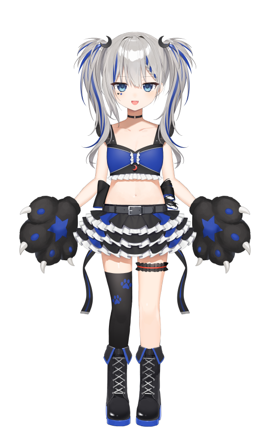1girl :d animal_ears animal_hands asymmetrical_legwear back_bow belt belt_buckle black_belt black_bow black_choker black_footwear black_gloves black_legwear black_skirt blue_eyes blue_hair blue_skirt boots bow braid breasts buckle choker clothing_request collarbone commentary_request cross-laced_footwear eyebrows_visible_through_hair fang fang_out frilled_skirt frills full_body gloves hair_between_eyes heart_stickers hood lace-up_boots layered_skirt long_hair messy_hair midriff multicolored_clothes multicolored_hair multicolored_skirt navel o-ring o-ring_choker official_alternate_costume official_art open_belt paw_gloves paw_print pleated_skirt rurine_luna silver_hair simple_background single_braid single_thighhigh skirt small_breasts smile star_sticker sticker_on_face stomach streaked_hair thighhighs toma_(norishio) torn_bow twintails virtual_youtuber wactor_production white_background wolf_ears wolf_hood zettai_ryouiki