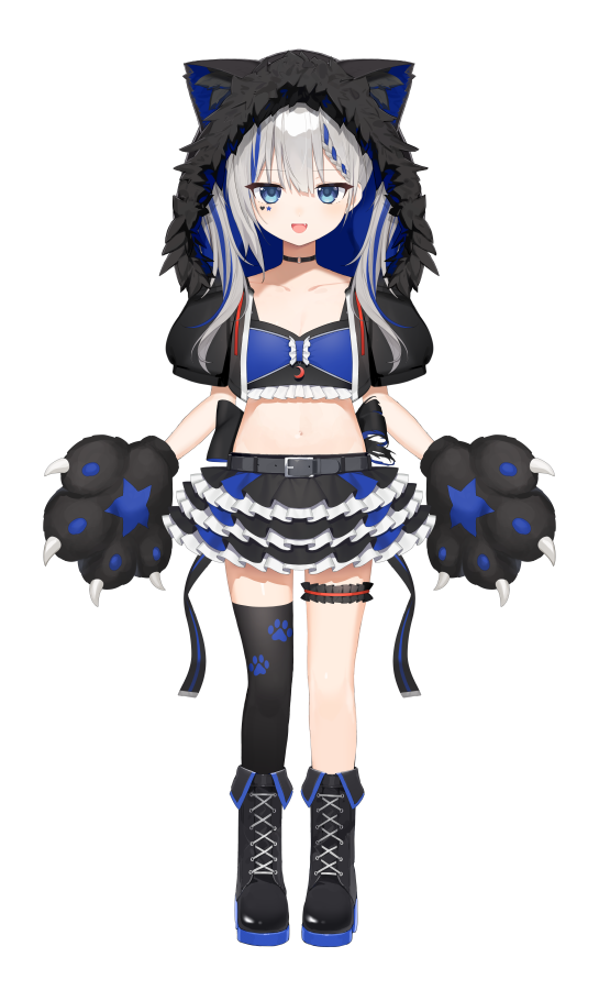 1girl :d animal_ear_headwear animal_ears animal_hands asymmetrical_legwear back_bow belt belt_buckle black_belt black_bow black_choker black_footwear black_gloves black_jacket black_legwear black_skirt blue_eyes blue_hair blue_skirt boots bow braid breasts buckle choker clothing_request collarbone commentary_request cropped_jacket cross-laced_footwear eyebrows_visible_through_hair fake_animal_ears fang fang_out frilled_skirt frills full_body fur-trimmed_jacket fur_trim gloves hair_between_eyes heart_stickers hood hooded_jacket jacket lace-up_boots layered_skirt long_hair midriff multicolored_clothes multicolored_hair multicolored_skirt navel o-ring o-ring_choker official_alternate_costume official_art open_belt paw_gloves paw_print pleated_skirt rurine_luna silver_hair simple_background single_braid single_thighhigh skirt small_breasts smile star_sticker sticker_on_face stomach streaked_hair thighhighs toma_(norishio) torn_bow twintails virtual_youtuber wactor_production white_background wolf_ears wolf_hood zettai_ryouiki