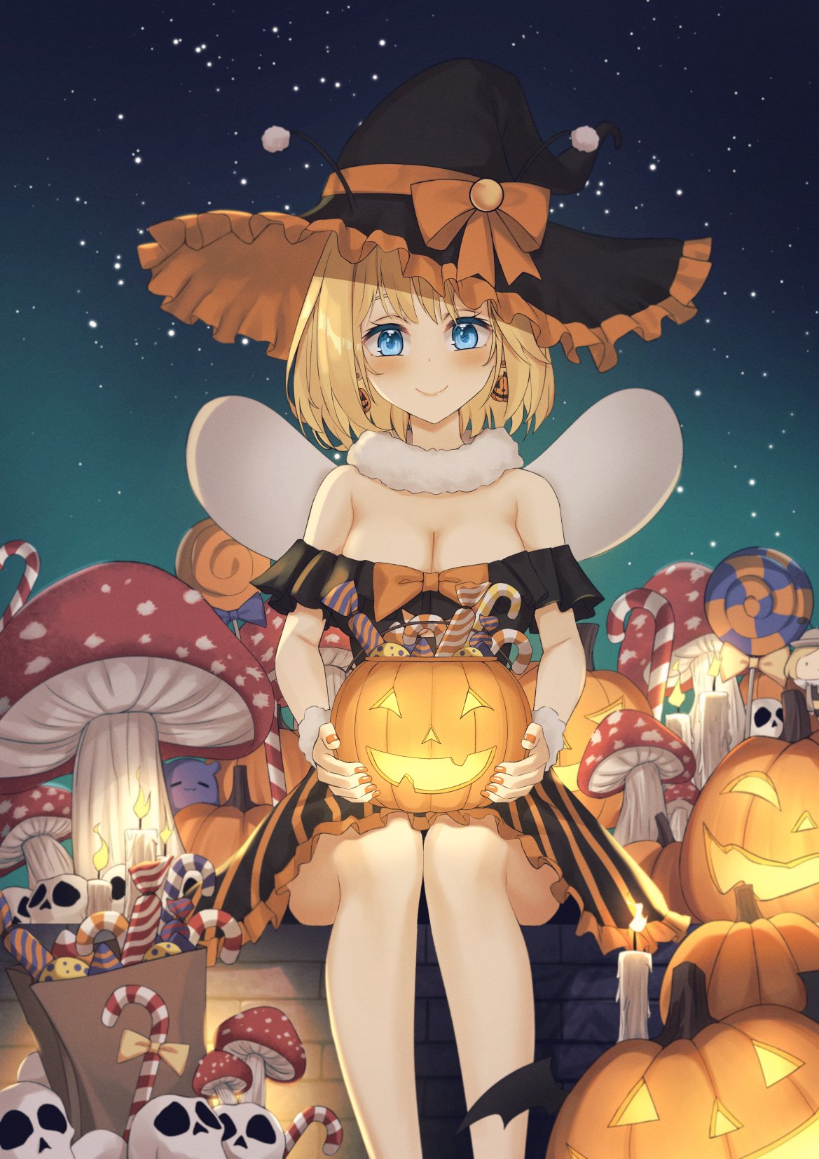 1girl bag bat_wings blonde_hair blue_eyes blush breasts candle candy cleavage dress earrings food halloween hat highres hololive hololive_english jack-o'-lantern jack-o'-lantern_earrings jewelry kangbus lollipop looking_at_viewer mushroom night off-shoulder_dress off_shoulder paper_bag skull smile solo tako_(ninomae_ina'nis) watson_amelia wings witch_hat