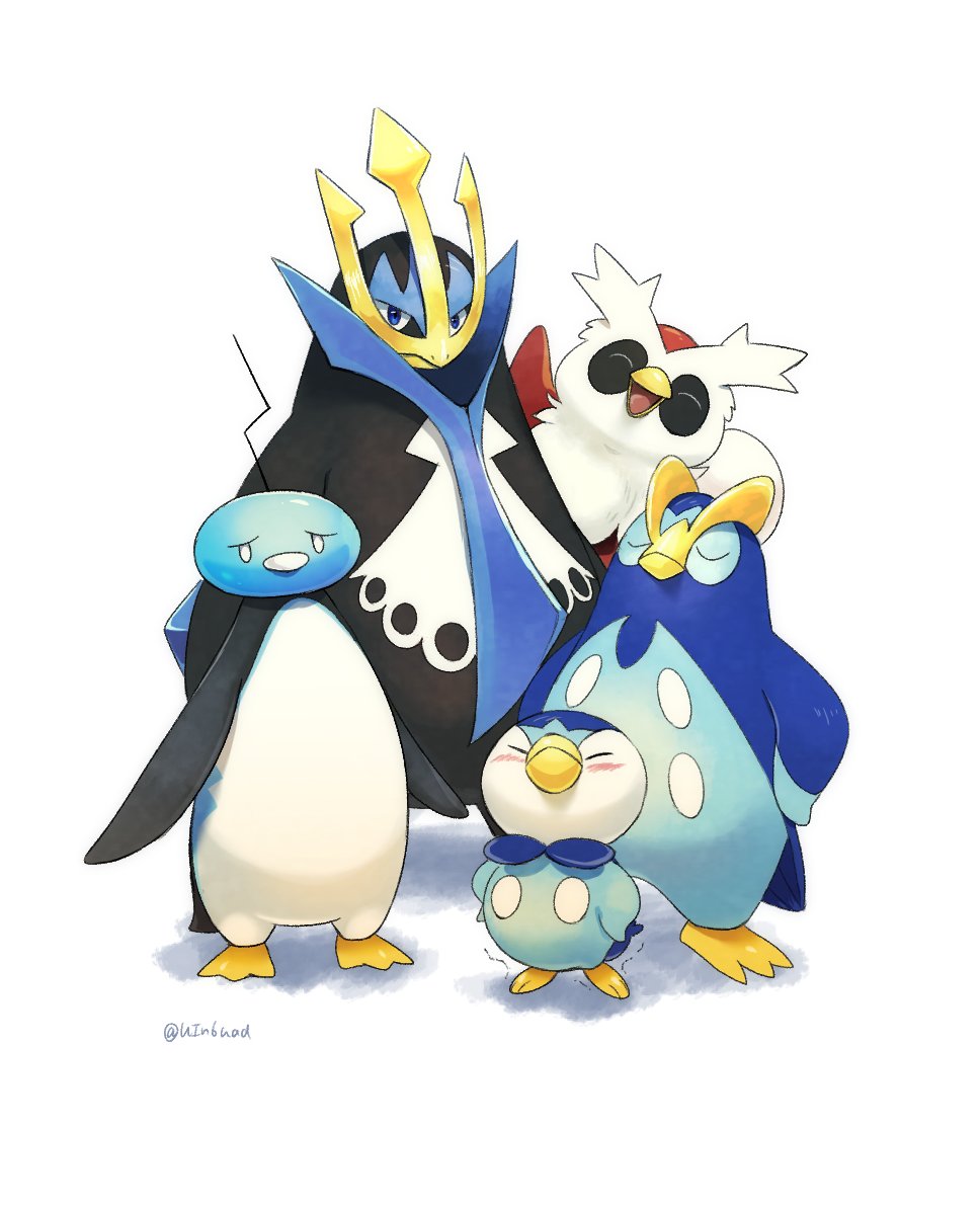 beak bird blush delibird eiscue eiscue_(noice) empoleon hands_on_hips no_humans open_mouth penguin piplup pokemon pokemon_(creature) prinplup sack simple_background smile trait_connection uin6uad waving