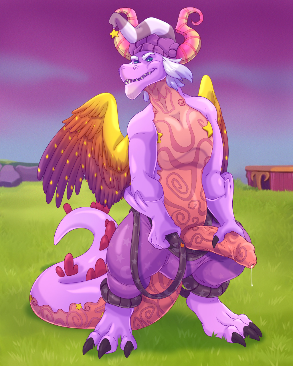 activision anthro baruti_(spyro) blue_eyes claws clothing dragon feathered_dragon feathered_wings feathers genitals grass hair hat headgear headwear hi_res horn klotzzilla male outside penis plant purple_body purple_clothing rescued_dragons_(spyro) scalie shadowpelt solo spyro_reignited_trilogy spyro_the_dragon video_games white_hair wings