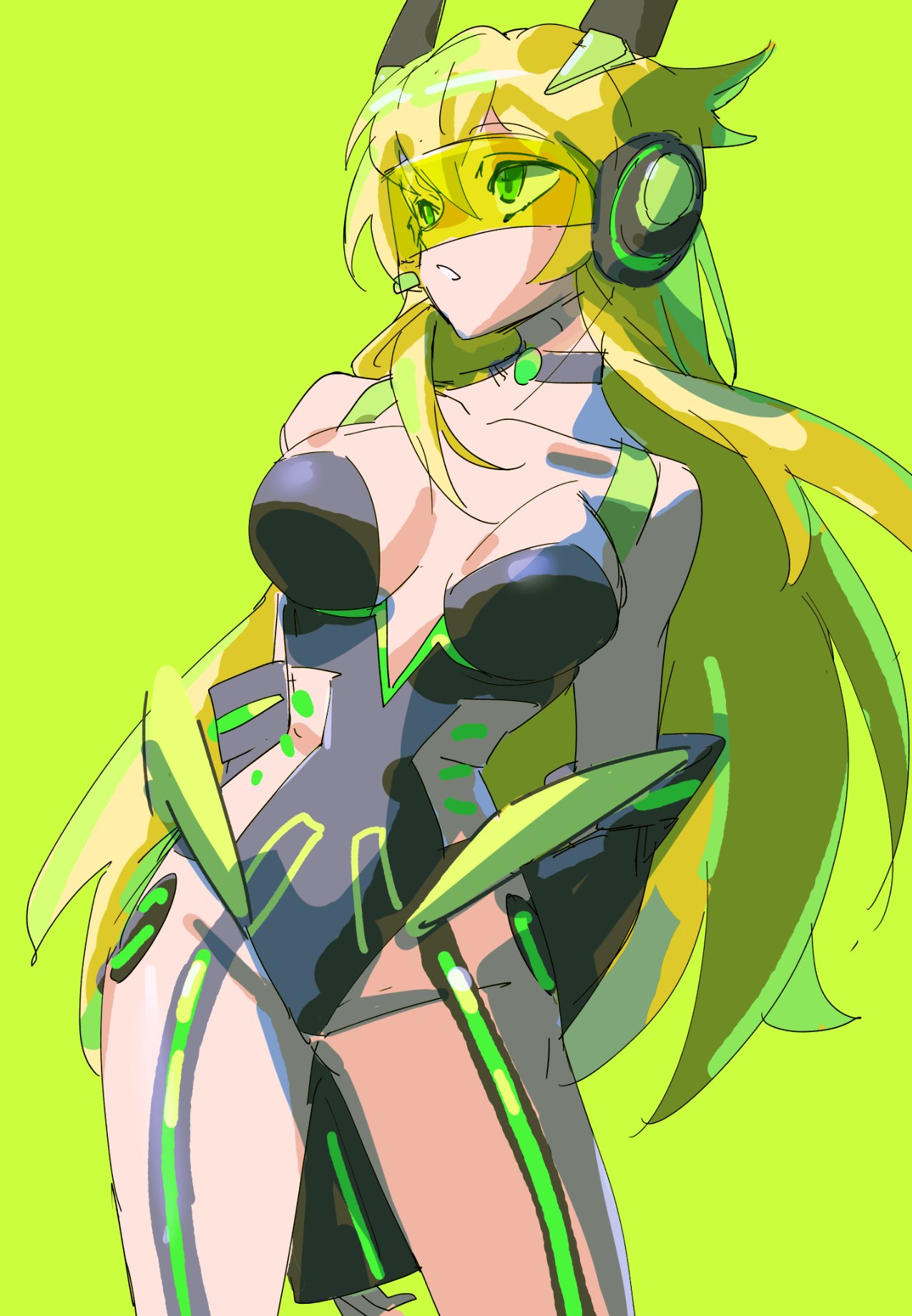 1girl akatsuki_kirika akatsuki_kirika_(another) black_choker black_gloves black_leotard blonde_hair breasts choker cleavage collarbone elbow_gloves gloves green_background green_eyes highres large_breasts leaning_to_the_side leotard long_hair looking_up medium_breasts parted_lips senki_zesshou_symphogear senki_zesshou_symphogear_xd_unlimited sketch solo thundergotch very_long_hair visor