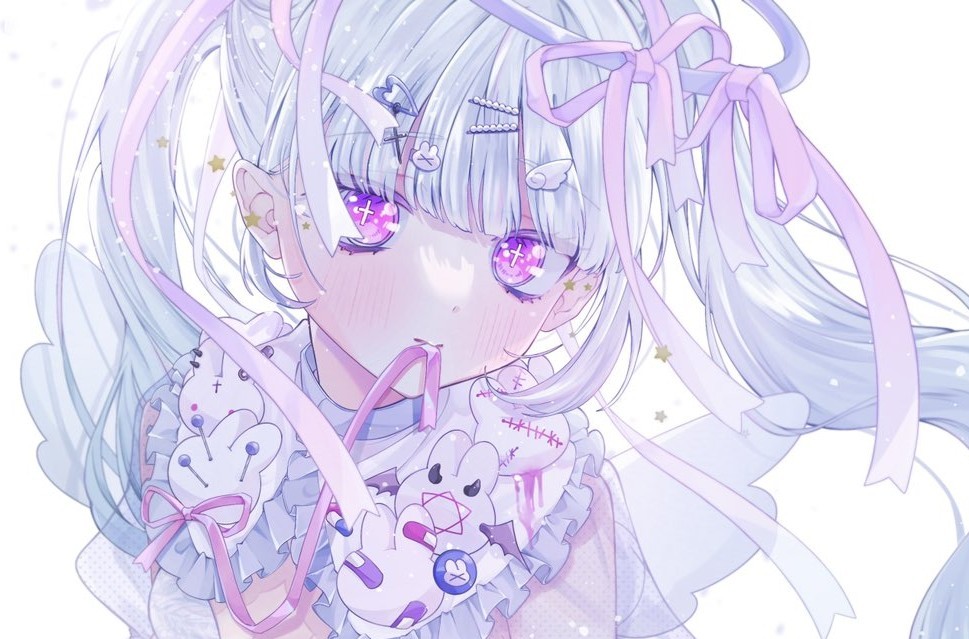 +_+ 1girl angel_wings bangs blood blood_on_clothes blunt_bangs blush bunny expressionless frilled_shirt_collar frills hair_ornament hair_ribbon long_hair looking_at_viewer mouth_hold original pentagram pincushion pink_eyes purple_eyes ribbon ribbon_in_mouth see-through_sleeves solo star_(symbol) stuffed_toy twintails wata_meuko white_legwear wings