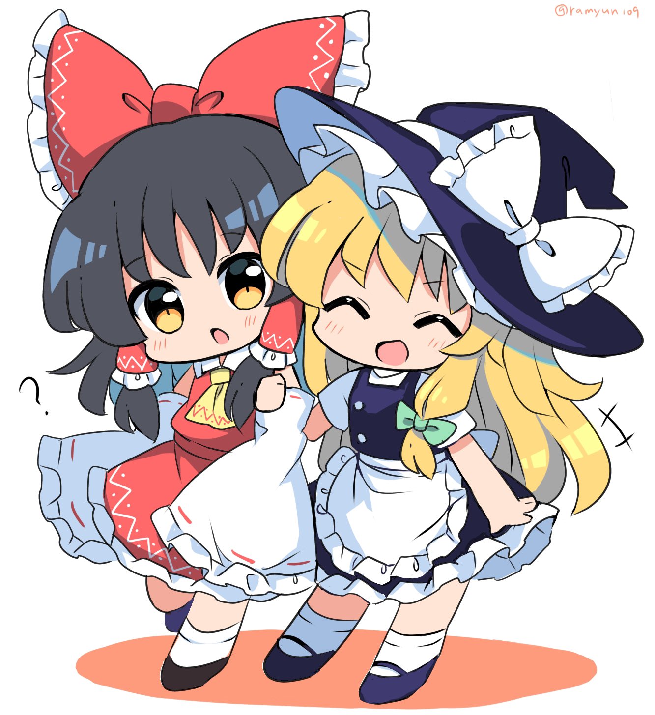 2girls ? ^_^ apron arm_up artist_name ascot back_bow bangs bare_shoulders black_dress black_footwear black_headwear blonde_hair blush bow breasts buttons chibi closed_eyes collared_shirt commentary_request detached_sleeves dress eyebrows_visible_through_hair frills full_body green_bow grey_bow grey_hair grey_legwear hair_bow hair_ornament hair_tubes hakurei_reimu hand_up hat hat_bow highres kirisame_marisa long_hair long_sleeves looking_at_another medium_breasts multiple_girls open_mouth puffy_short_sleeves puffy_sleeves purple_footwear ramudia_(lamyun) red_bow red_dress shadow shirt shoes short_hair short_sleeves simple_background smile socks standing touhou v-shaped_eyebrows white_apron white_background white_bow white_legwear wide_sleeves witch_hat yellow_ascot yellow_eyes