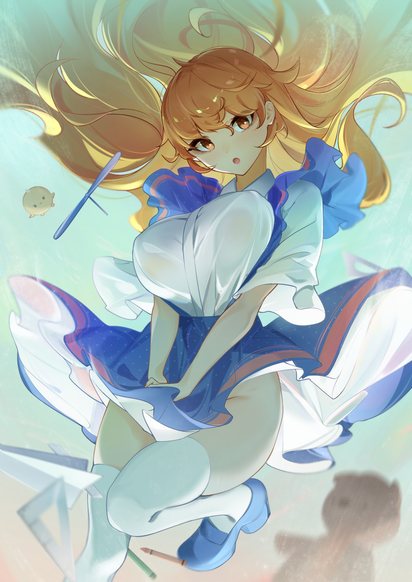 1girl :o aqua_background bangs blue_footwear blue_skirt bouncing_breasts breasts brown_eyes brown_hair covering covering_crotch faicha groin large_breasts layered_skirt leg_up long_hair looking_at_viewer maplestory no_panties open_mouth paper_airplane pen propeller short_sleeves simple_background skirt stuffed_animal stuffed_toy teddy_bear thighhighs very_long_hair white_legwear white_skirt