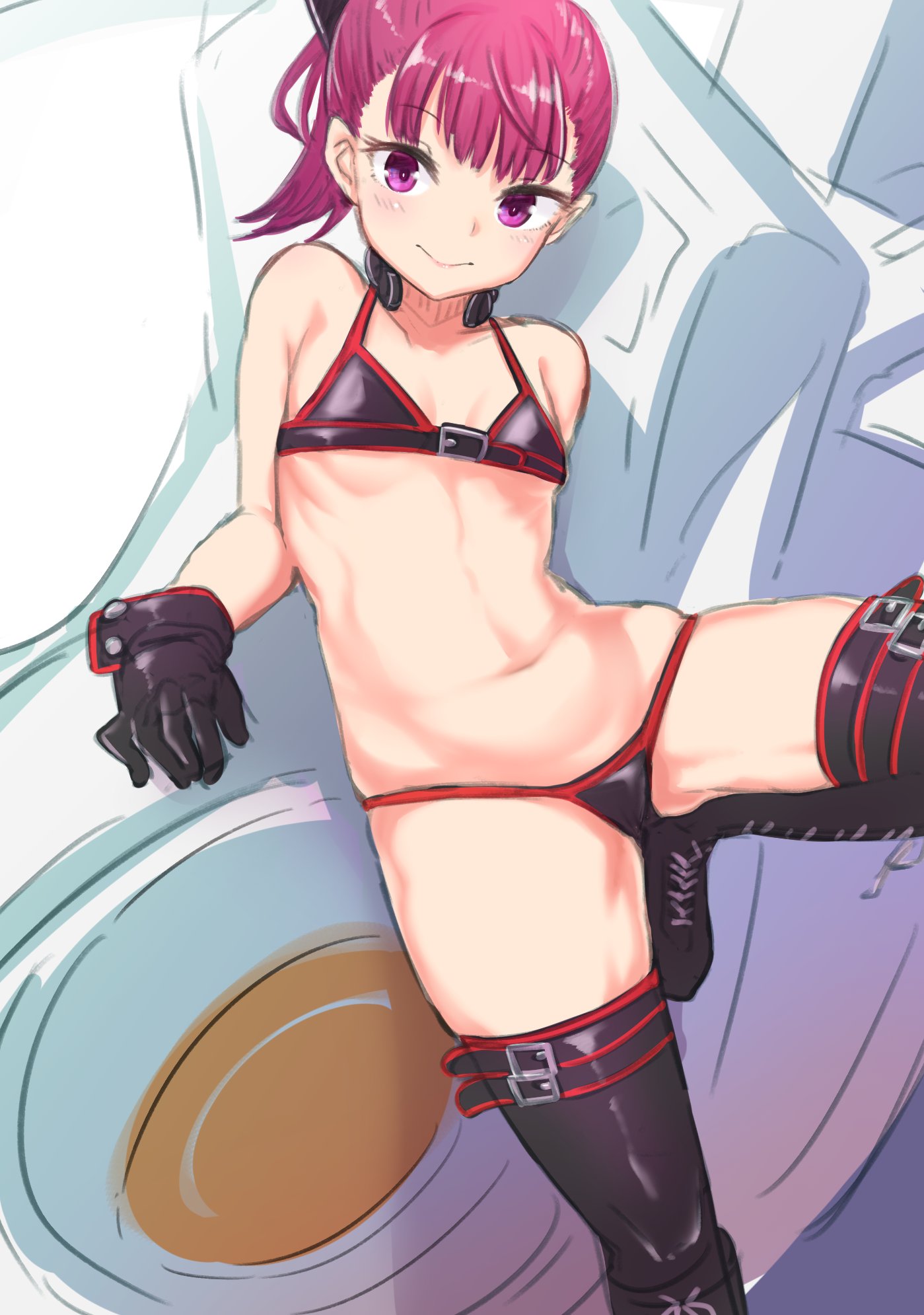 1girl belt_boots bikini black_bikini black_footwear black_gloves boots closed_mouth fate/grand_order fate_(series) flat_chest gloves helena_blavatsky_(fate) helena_blavatsky_(swimsuit_archer)_(fate) highres looking_at_viewer navel pink_hair ponytail purple_eyes smile solo swimsuit thigh_boots thighhighs utsusumi_kio