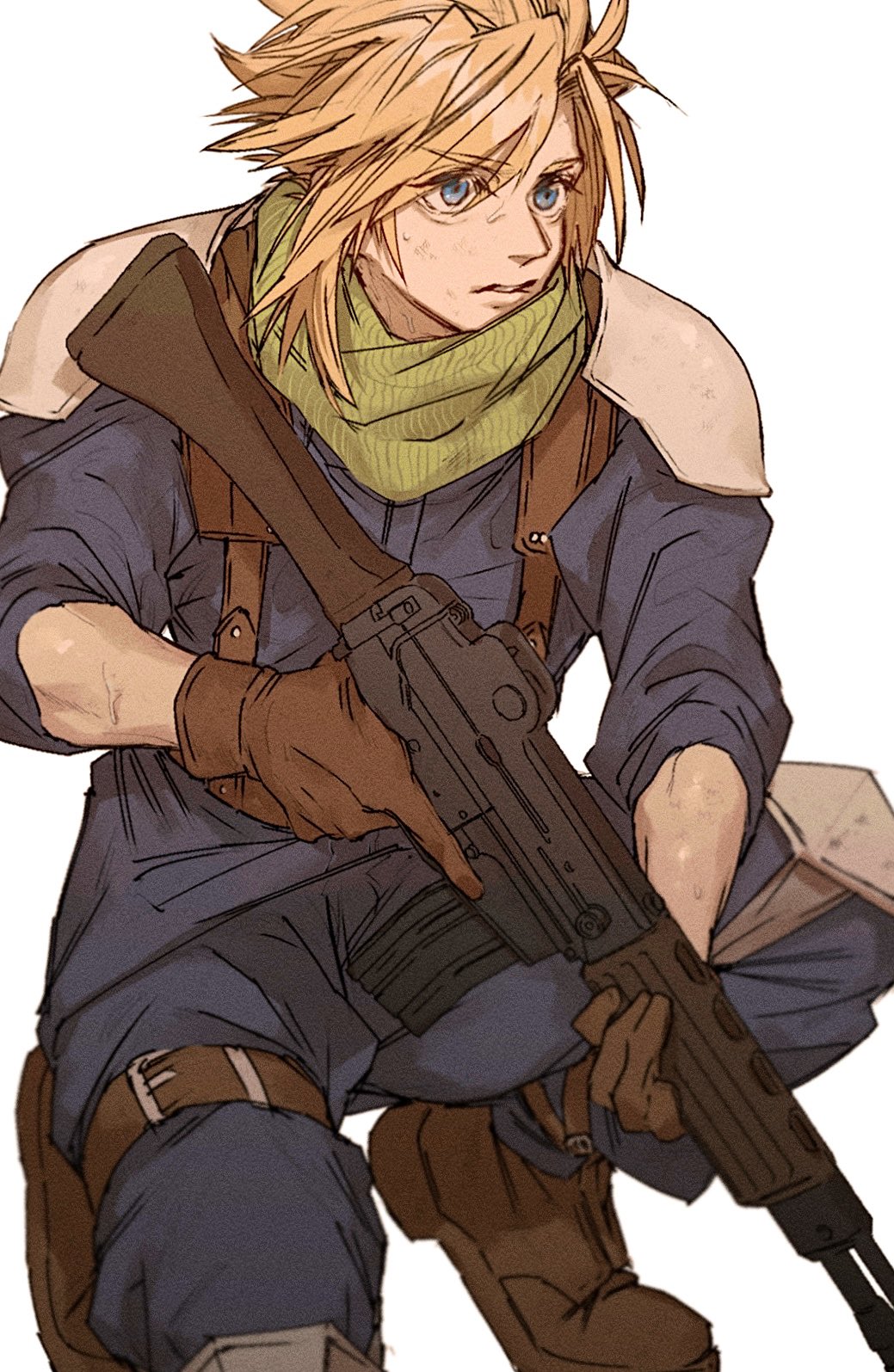 1boy armor assault_rifle asymmetrical_hair blonde_hair blue_eyes blue_pants blue_shirt boots cloud_strife daewoo_k2 final_fantasy final_fantasy_vii final_fantasy_vii_remake gloves gun highres holding holding_gun holding_weapon inuue15 kneeling pants rifle shirt shoulder_armor sleeves_rolled_up solo spiked_hair suspenders thigh_strap upper_body weapon white_background younger