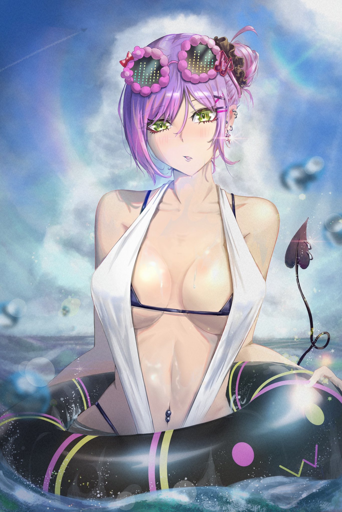 alternate_hairstyle artist_request bibi_(tokoyami_towa) bikini black_bikini blue_sky breasts cleavage cloud contrail demon_tail earrings eyewear_on_head green_eyes hair_bun highres hololive innertube jewelry navel_piercing piercing purple_hair sky slingshot_swimsuit string_bikini sunglasses sweat swimsuit swimsuit_under_swimsuit tail tokoyami_towa virtual_youtuber white_bikini