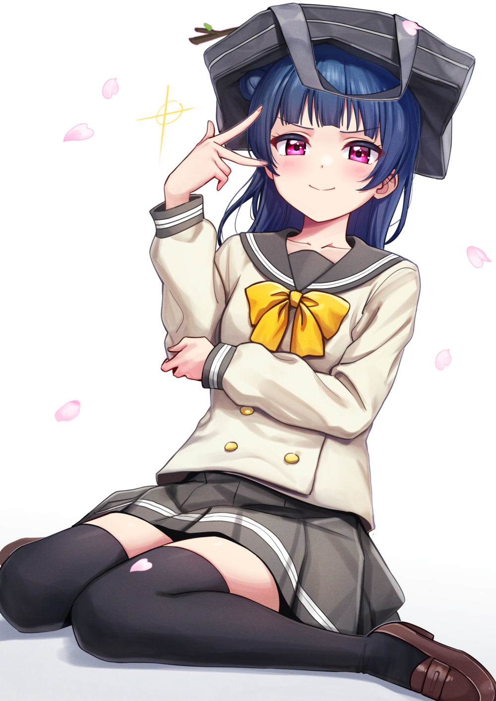 1girl bag_on_head blue_hair blush bow bowtie brown_footwear buttons cherry_blossoms deadnooodles double-breasted grey_sailor_collar grey_shirt grey_skirt hair_bun highres loafers long_hair looking_at_viewer love_live! love_live!_sunshine!! petals pleated_skirt purple_eyes sailor_collar school_uniform shirt shoes sitting skirt smile solo thighhighs thighs tsushima_yoshiko uranohoshi_school_uniform v wariza white_background yellow_bow yellow_bowtie zettai_ryouiki