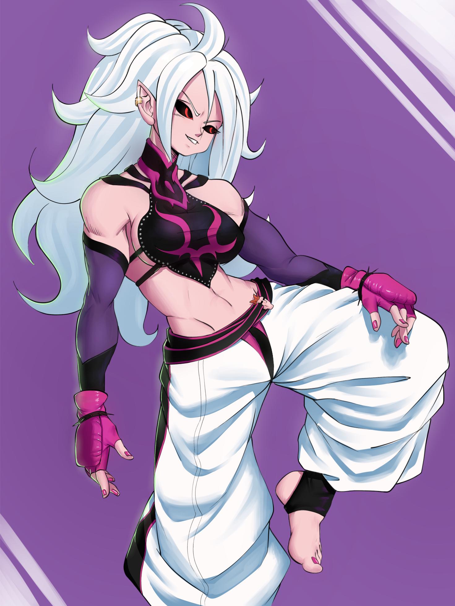 2019 alien alien_humanoid breasts capcom clothing colored_nails cosplay crossover crossover_cosplay dragon_ball dragon_ball_fighterz echo_saber feet female fingerless_gloves fingers gloves hair handwear hi_res humanoid humanoid_pointy_ears juri_han long_hair majin majin_android_21 nails not_furry pink_body pink_skin red_eyes simple_background solo street_fighter toes video_games white_hair