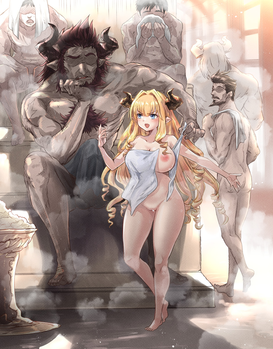 blonde_hair breasts draph granblue_fantasy highres imminent_rape large_breasts mizuki_takehito razia