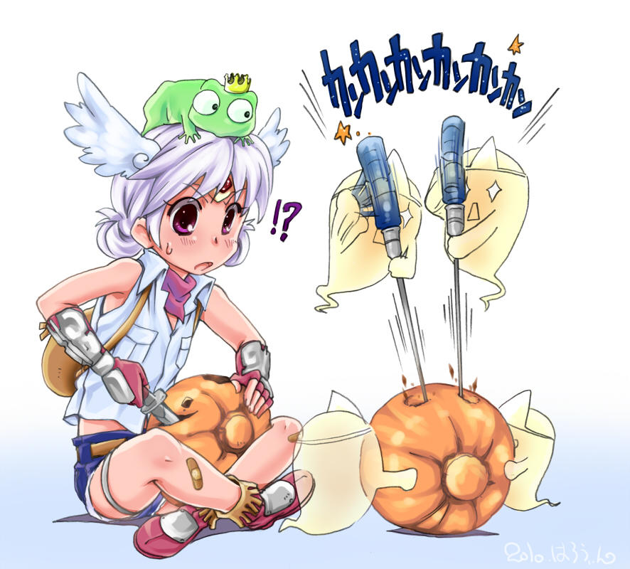 !? 1girl bandaid bandaid_on_leg bandana bangs blacksmith_(ragnarok_online) blue_shorts blush breast_pocket carving collared_shirt commentary_request crown dated_commentary double_bun eyebrows_visible_through_hair fingerless_gloves flat_chest frog frog_on_head full_body ghost gloves indian_style jack-o'-lantern kawagoe_pochi light_purple_hair lude_(ragnarok_online) open_mouth pocket pumpkin purple_eyes ragnarok_online red_bandana red_eyes red_footwear shirt shoes short_hair short_shorts shorts sitting sleeveless sleeveless_shirt surprised translation_request triangular_headpiece vambraces white_background white_shirt