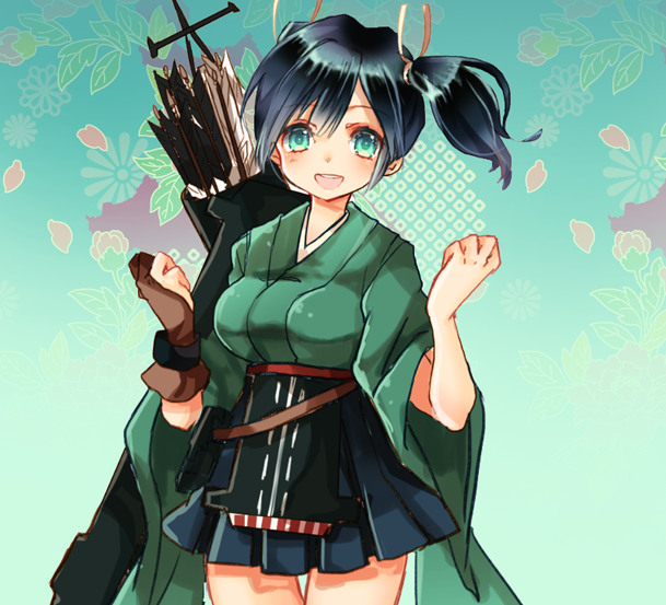 1girl arrow_(projectile) blue_hair breasts eyebrows_visible_through_hair flight_deck gloves gradient gradient_background green_background green_hakama green_kimono hair_between_eyes hair_ribbon hakama hakama_short_skirt hakama_skirt japanese_clothes kantai_collection kimono large_breasts long_sleeves muneate open_mouth partially_fingerless_gloves piko_(domokonchi) pleated_skirt quiver ribbon skirt smile souryuu_(kancolle) twintails upper_body wide_sleeves yugake