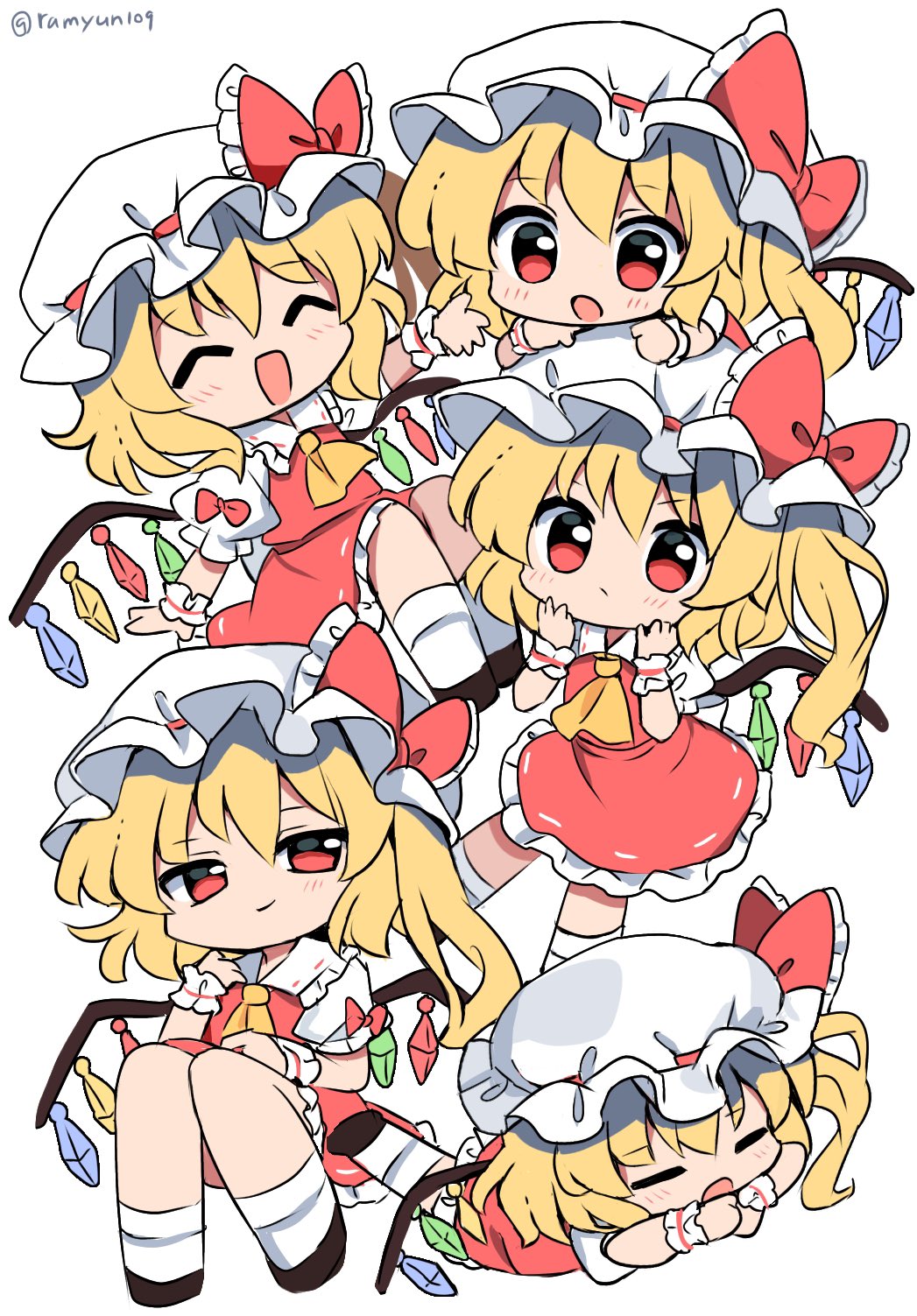 1girl :d :o :| ^_^ ascot bangs black_legwear blonde_hair bow closed_eyes closed_mouth commentary crystal d: eyebrows_visible_through_hair flandre_scarlet frilled_bow frills hat highres looking_at_viewer medium_hair mob_cap multiple_views ramudia_(lamyun) red_bow red_eyes red_skirt red_vest shirt short_sleeves skirt skirt_set smile socks touhou vest white_headwear white_legwear white_shirt wings wrist_cuffs yellow_ascot