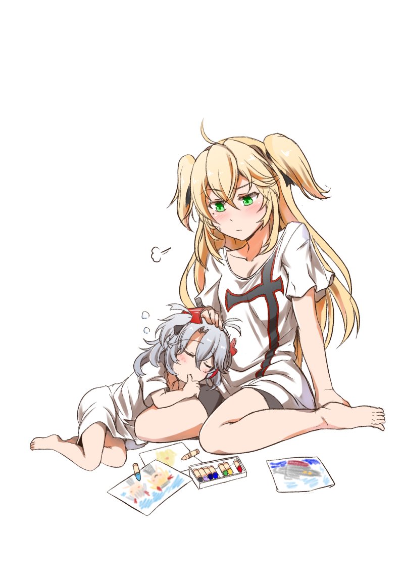 2girls admiral_hipper_(azur_lane) ahoge alternate_costume antenna_hair azur_lane bangs barefoot black_shorts blonde_hair blush breasts casual cleavage collarbone commentary_request contemporary crayon cross eugen-chan_(azur_lane) eyebrows_visible_through_hair full_body green_eyes hair_between_eyes hair_ornament hair_ribbon headpat iron_cross long_hair lying mole mole_under_eye multiple_girls on_side picture_(object) ribbon shirt short_shorts short_sleeves shorts sidelocks sigh silver_hair simple_background sitting sleeping sleeping_on_person steed_(steed_enterprise) sweat thumb_sucking thumbs_up toes two_side_up visible_air wariza white_background white_shirt