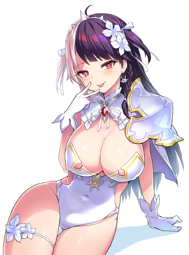 1girl ahoge arm_support armor bare_shoulders black_hair braid breasts bright_pupils cleavage covered_navel detached_collar earrings gloves gold_trim hairband jewelry large_breasts leotard multicolored_hair nijisanji pauldrons red_eyes shoulder_armor side_cutout single_pauldron sitting smile solo split-color_hair strapless strapless_leotard thigh_strap thighs tongue tongue_out two_side_up v virtual_youtuber white_gloves white_hair white_leotard yorumi_rena zaxwu