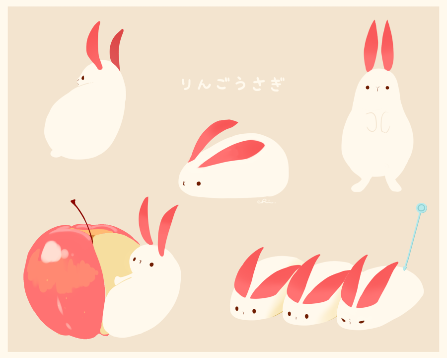 apple apple_bunny apple_slice bunny chai_(drawingchisanne) commentary_request food food_art fruit looking_at_viewer no_humans original signature simple_background standing translation_request undersized_animal