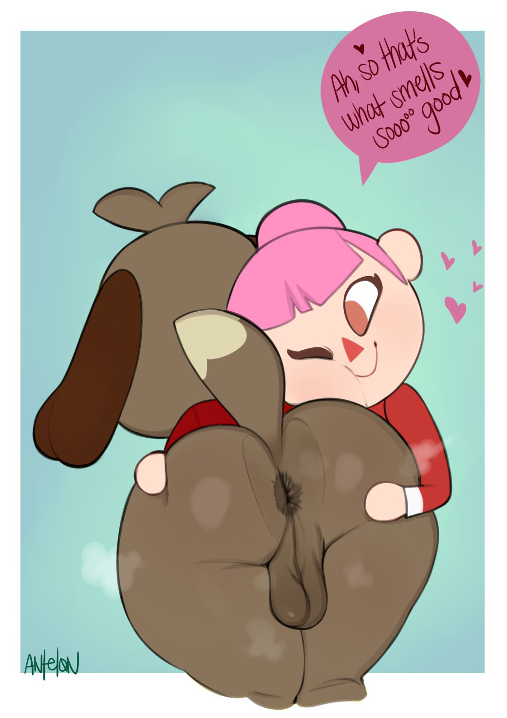 &lt;3 anal_musk animal_crossing antelon anthro anus balls bottomless butt butt_grab butt_hug butt_sniffing butt_to_cheek canid canine canis clothed clothing dialogue digby_(animal_crossing) digital_media_(artwork) dipstick_tail domestic_dog duo edit english_text face_squish faceless_character faceless_male female female_on_anthro genitals hair hand_on_another's_butt hand_on_butt hi_res human human_on_anthro interspecies looking_at_anus male male/female mammal markings musk nintendo one_eye_closed pink_hair presenting_partner pussy rear_view smile sniffing speech_bubble spread_butt spread_pussy spreading squish steam tail_markings text text_with_heart video_games villager_(animal_crossing)