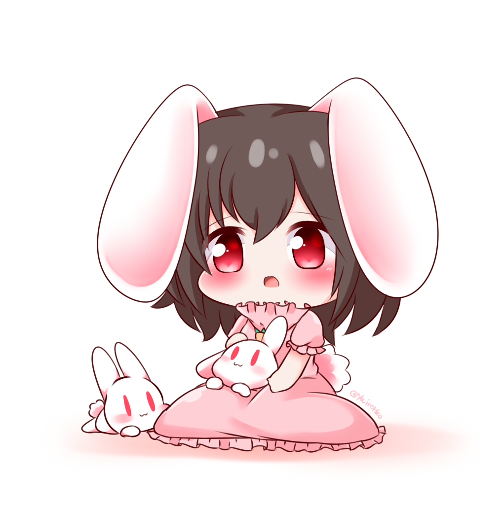 1girl :3 :o animal animal_ears artist_name black_hair blush bunny carrot_necklace chibi child closed_mouth commentary_request dress eyebrows_visible_through_hair frilled_dress frills hair_between_eyes holding inaba_tewi open_mouth pink_dress puffy_short_sleeves puffy_sleeves rabbit_ears rabbit_girl rabbit_tail red_eyes short_sleeves sitting solo tail touhou yairenko |_|