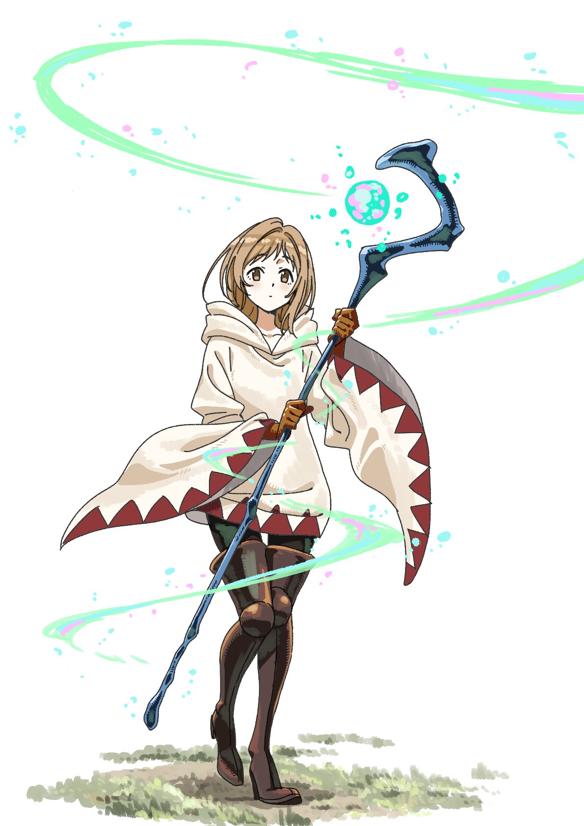 1girl blonde_hair boots brown_footwear brown_gloves commentary_request final_fantasy final_fantasy_tactics full_body gloves grass highres holding holding_staff long_hair long_sleeves looking_at_viewer magic simple_background solo staff sunomono thigh_boots thighhighs walking white_background white_mage white_mage_(fft) wide_sleeves yellow_eyes