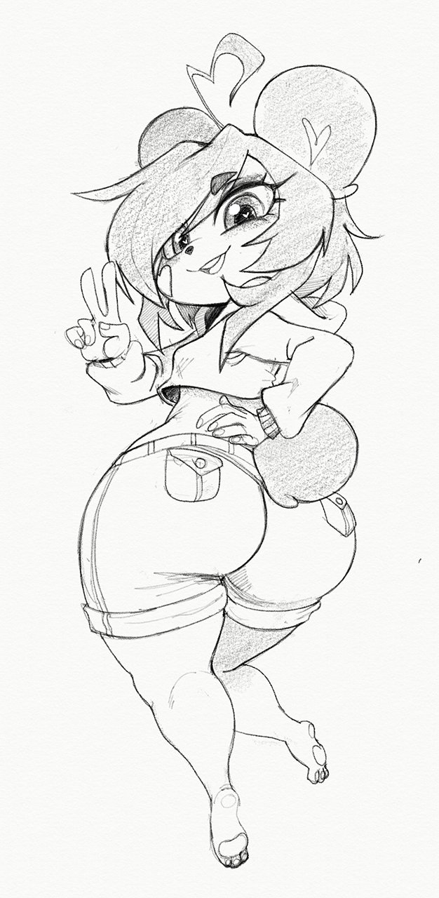 &lt;3 &lt;3_eyes anthro barefoot big_butt bottomwear breasts butt clothing feet female gesture giant_panda hand_on_hip hi_res hoodie huge_butt huge_hips kenny_(kenashcorp) kevinsano looking_back mammal rear_view shorts small_breasts solo topwear ursid v_sign wide_hips