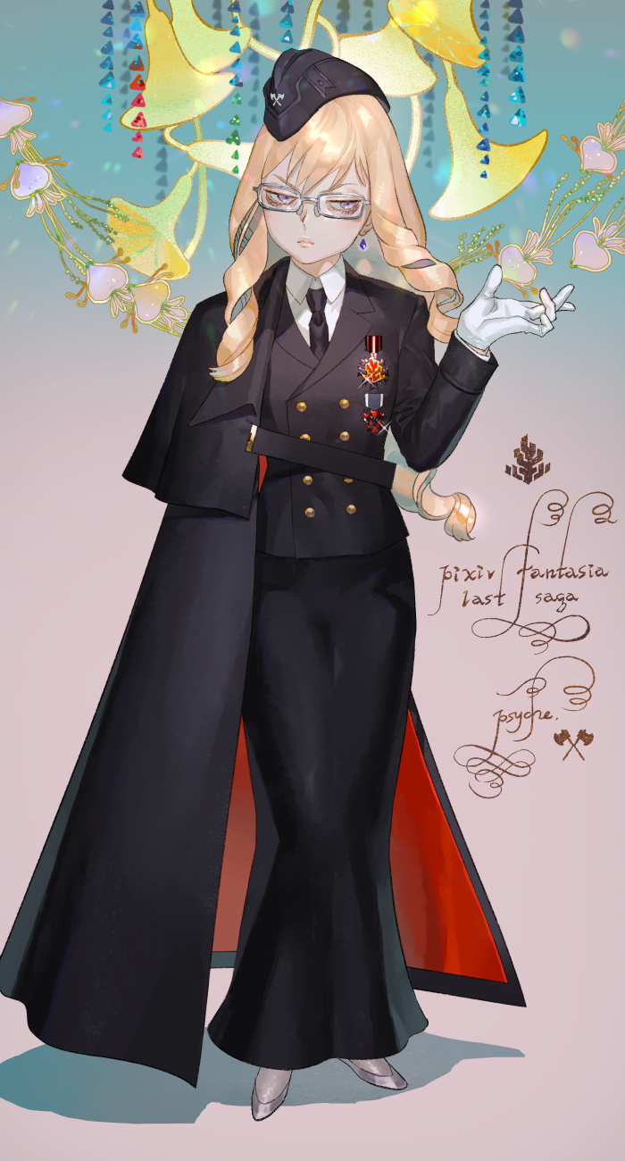 1girl annoyed badge blonde_hair cape earrings floral_background frown full_body garrison_cap glasses gloves grey_eyes hands_up hat head_tilt highres jewelry long_hair long_skirt looking_to_the_side military military_hat military_uniform pixiv_fantasia pixiv_fantasia_last_saga psyche_(arcadia) rectangular_eyewear ringlets skirt solo uniform