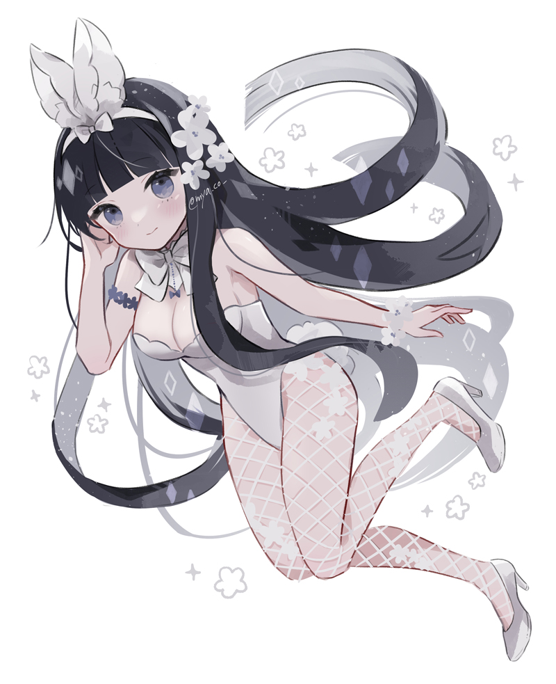1girl animal_ear_headwear animal_ears arm_up armlet bangs black_hair blue_eyes blunt_bangs blunt_ends blush bow bowtie bracelet breasts cleavage detached_collar diamond_(shape) fake_animal_ears fishnets floating_hair flower hair_flower hair_ornament hand_on_own_cheek hand_on_own_face headband high_heels jewelry large_breasts light_smile long_hair looking_at_viewer myaco9 original petals playboy_bunny rabbit_ears rabbit_tail signature solo sparkle standing standing_on_one_leg tail very_long_hair wristlet