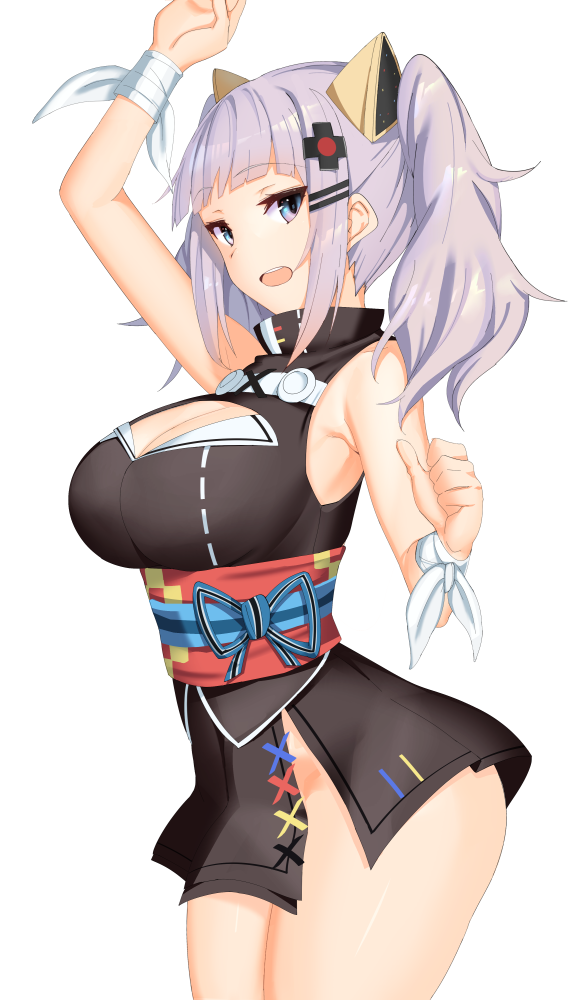 1girl arm_up bad_id bad_pixiv_id bangs black_shirt black_skirt blue_eyes breasts cleavage_cutout clothing_cutout cowboy_shot d-pad d-pad_hair_ornament fenrir_(fenrir042) from_side grey_hair hair_ornament kaguya_luna large_breasts looking_at_viewer open_mouth ribbon sash shirt short_hair simple_background skirt solo standing the_moon_studio twintails virtual_youtuber virtual_youtuber_shiten'nou white_background white_ribbon wrist_ribbon
