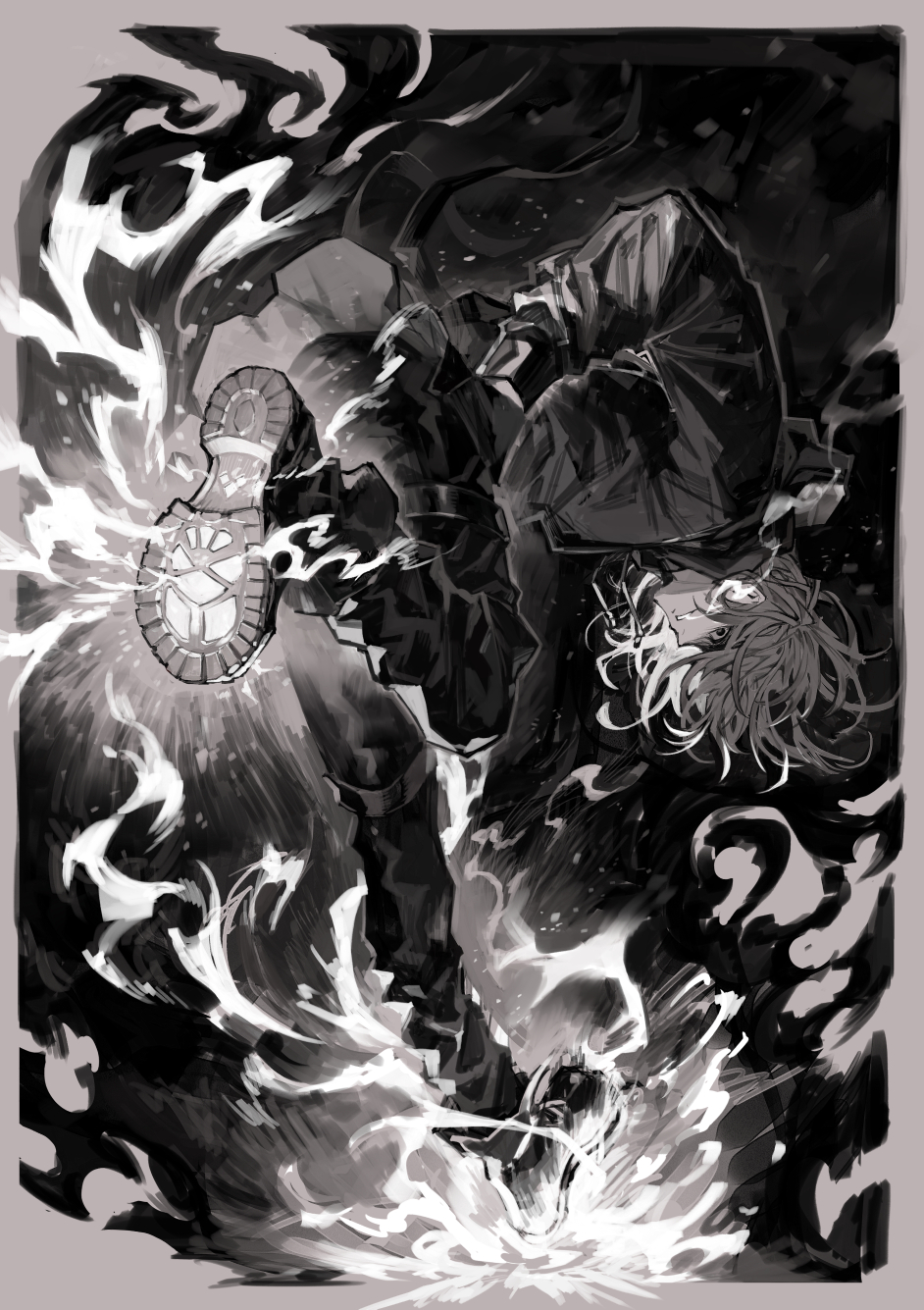 1boy breath check_copyright commission copyright_request fire flame greyscale grin hands_in_pockets highres hood hood_down hoodie k'_(kof) kicking male_focus monochrome parted_lips routo skeb_commission smile smoke solo speed_lines the_king_of_fighters wide-eyed