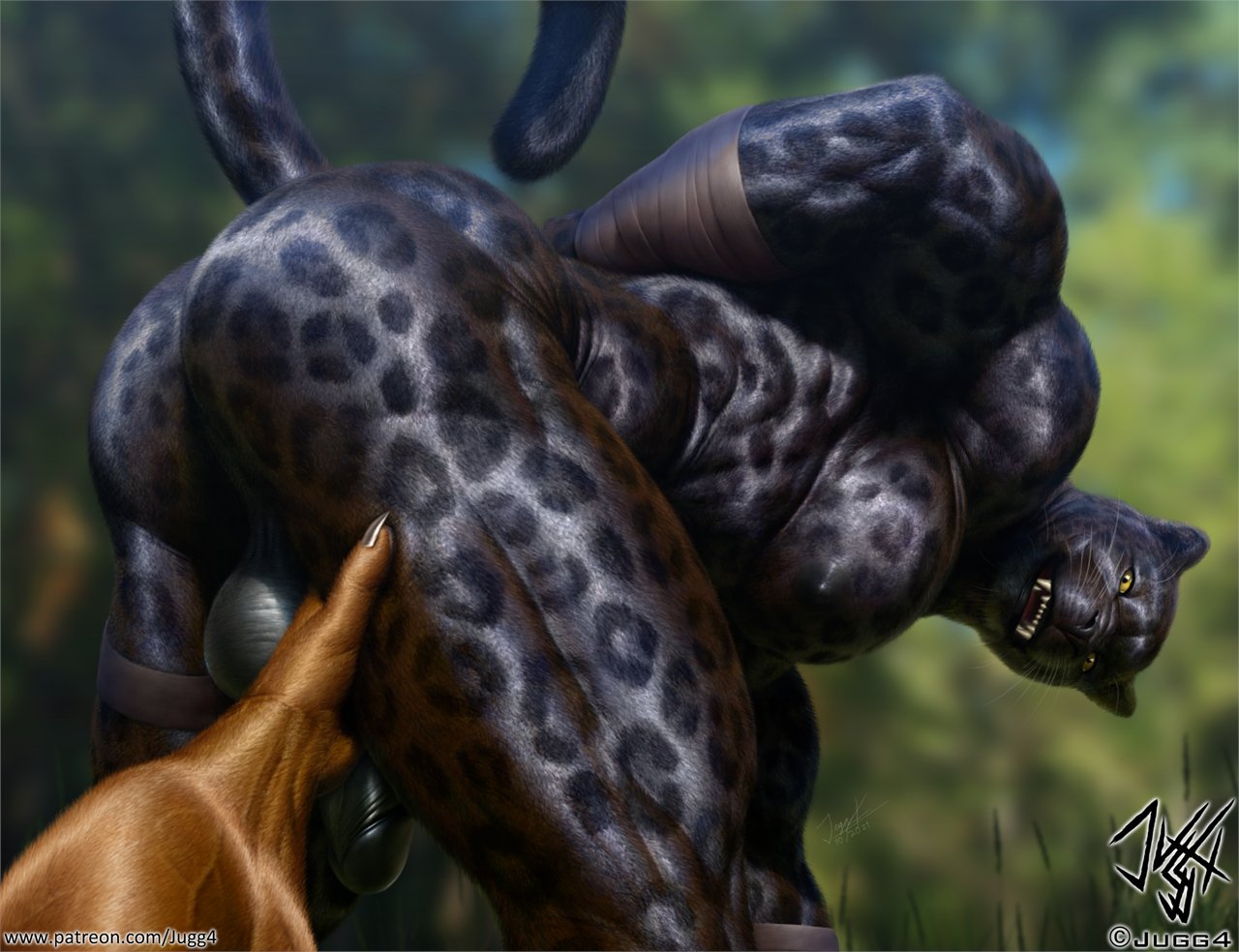 anthro ass_up balls big_muscles black_body black_fur butt duo felid first_person_view forest forest_background from_behind_position from_side from_the_back fur genitals hands_behind_back inclined jugg4 looking_at_another looking_at_viewer looking_back male male/male mammal muscular muscular_anthro muscular_male nacked nature nature_background nipples nude pantherine pecs penis plant presenting presenting_hindquarters raised_tail rear_view sex smile smiling_at_viewer spots spotted_body spotted_fur spread_legs spreading thick_thighs touching_leg touching_thigh tree yellow_eyes