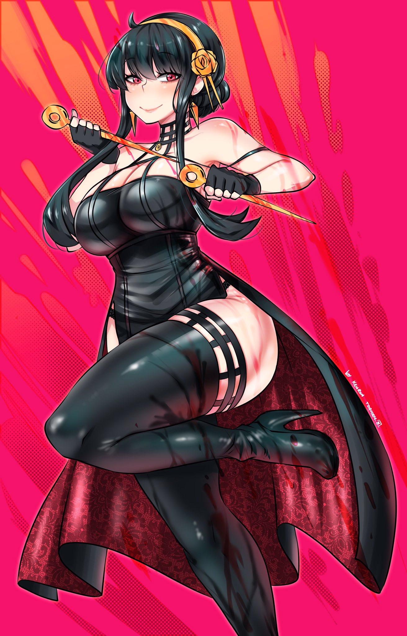 1girl black_dress blood blood_on_arm blood_on_breasts blood_on_weapon breasts dress dual_wielding earrings gold_earrings gold_hairband highres holding jewelry kenron_toqueen large_breasts rose_hair_ornament short_hair_with_long_locks solo spy_x_family thighhighs thighs two-sided_dress weapon yor_briar