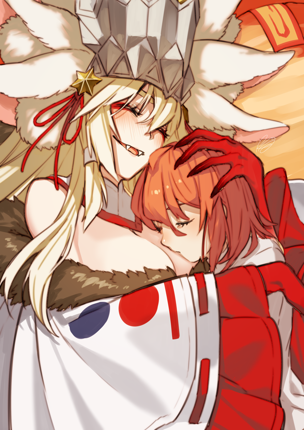 2girls ahoge animal_ear_fluff animal_ears bangs bare_shoulders blonde_hair blush breasts cleavage closed_eyes detached_collar dress extra_ears fangs fate/grand_order fate_(series) fox_ears fox_girl fox_tail fujimaru_ritsuka_(female) fujimaru_ritsuka_(female)_(decisive_battle_chaldea_uniform) fur_collar hair_between_eyes headpiece hug japanese_clothes kimono koyanskaya_(fate) koyanskaya_(lostbelt_beast:iv)_(fate) large_breasts long_hair long_sleeves medium_breasts multiple_girls off_shoulder open_mouth orange_hair rkp short_hair sidelocks smile tail tamamo_(fate) very_long_hair white_dress white_kimono wide_sleeves