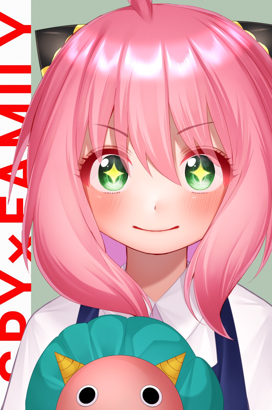 ahoge anya_(spy_x_family) bangs blush collared_shirt director_chimera_(spy_x_family) doll english_text eyebrows_visible_through_hair green_eyes hair_between_eyes hair_ornament hanapi_(happ03nanana03) highres horns medium_hair pink_hair shirt smile solo sparkling_eyes spy_x_family