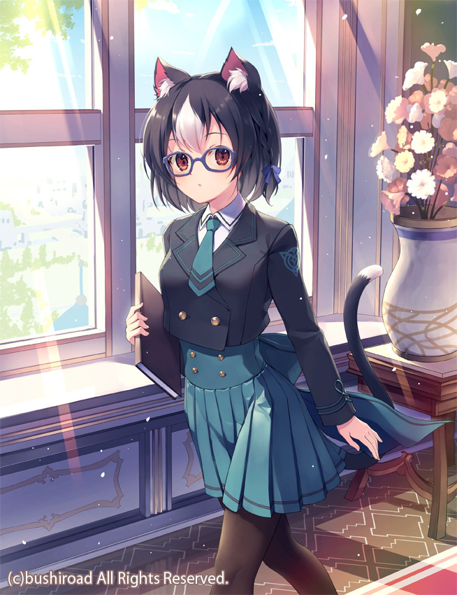 1girl animal_ear_fluff animal_ears bangs black_hair black_jacket black_legwear blue-framed_eyewear blue_bow blue_necktie blue_skirt book bow braid cardfight!!_vanguard:_overdress cat_ears cat_girl cat_tail character_request collared_shirt commentary_request cropped_jacket eyebrows_visible_through_hair feet_out_of_frame flower glasses hair_bow holding holding_book indoors jacket long_sleeves multicolored_hair necktie official_art pantyhose pink_flower pleated_skirt shirt skirt solo tail two-tone_hair vase watermark white_flower white_hair white_shirt window yoshino_ryou