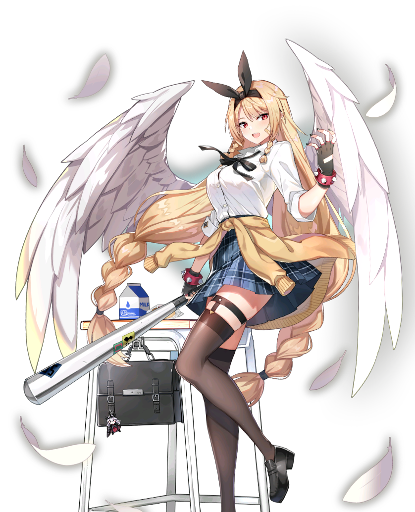 1girl arm_at_side artist_request bag bangs baseball_bat black_gloves black_hairband black_legwear black_ribbon blonde_hair bow_hairband bracelet braid breasts brown_legwear buttons clothes_around_waist collared_shirt desk epic_seven feathered_wings feathers fingerless_gloves foot_out_of_frame garters gloves hairband hand_up holding holding_baseball_bat jewelry large_breasts loafers long_hair looking_at_viewer milk_carton neck_ribbon official_art open_mouth plaid plaid_skirt pleated_skirt red_eyes ribbon rose_(epic_seven) school_bag school_desk school_uniform shirt shirt_tucked_in shoes sidelocks skirt sleeves_rolled_up solo spiked_bracelet spikes sweater sweater_around_waist thighhighs third-party_source transparent_background twintails very_long_hair white_feathers white_shirt white_wings wings