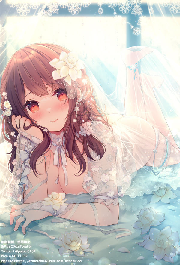 1girl azu_torako backlighting banned_artist blush braid breasts bridal_gauntlets brown_hair cleavage closed_mouth ear_piercing feet_up flower hand_in_own_hair head_tilt indoors jewelry long_hair looking_at_viewer lying medium_breasts neck_ribbon on_stomach original petals piercing red_eyes ribbon ring see-through short_sleeves side_braid smile solo the_pose white_flower white_ribbon window