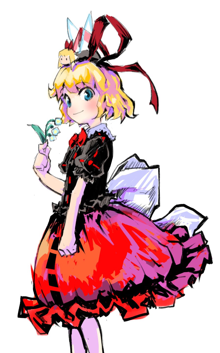 1girl anchov_y black_shirt blonde_hair blue_eyes blush bow collar commentary eyebrows_visible_through_hair fairy fairy_wings flower frilled_collar frills hair_ribbon highres holding holding_flower lily_of_the_valley looking_at_viewer medicine_melancholy one-hour_drawing_challenge puffy_short_sleeves puffy_sleeves red_ribbon red_skirt ribbon ribbon_trim shirt short_hair short_sleeves sideways_glance skirt smile solo touhou waist_bow white_bow wings